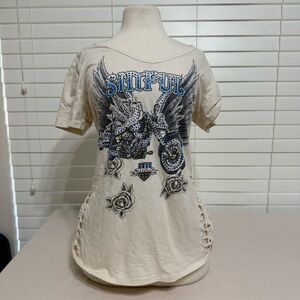 Sinful Beige Graphic Tee with Blue and Black Details